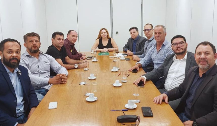 Mesa de reunião com dez homens, cinco de um lado, cinco do outro. A diretora da SEST está na parte principal da mesa. Todos os homens são brancos e a diretora também é branca de cabelo ruivo.