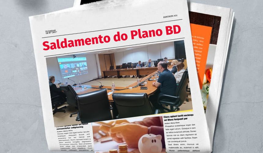 Imagem com um fundo cinza. Em cima temos a Imagem de um jornal com o título. Saldamento do Plano BD. Abaixo tem uma foto de reunião com a diretoria da Embrapa e com representantes do SINPAF