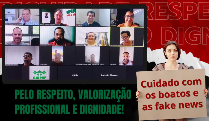 Imagem da Campanha no fundo. Parte superior vermelha com as palavras respeito e dignidade. Na parte debaixo. está em preto. Do lado direito temos uma mulher segurando uma placa que está escrito Cuidado com os boatos e as fake news. Do lado esquerdo tem escrito em branco em letras pequenas Campanha Salarial Embrapa. Abaixo a frase Pelo respeito, valorização profissional e dignidade. Tudo em verde.