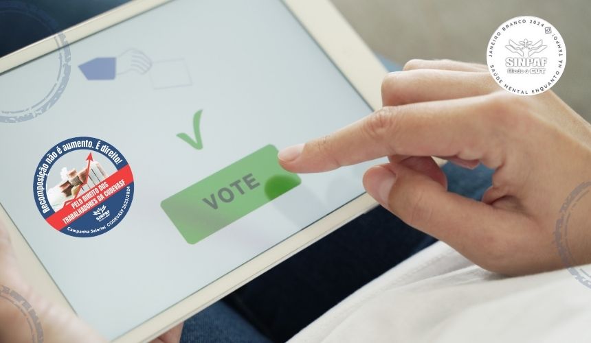imagem da tela de tablete e uma mão de uma pessoa votando. Do lado esquerdo o emblema do AcT da Codevasf.