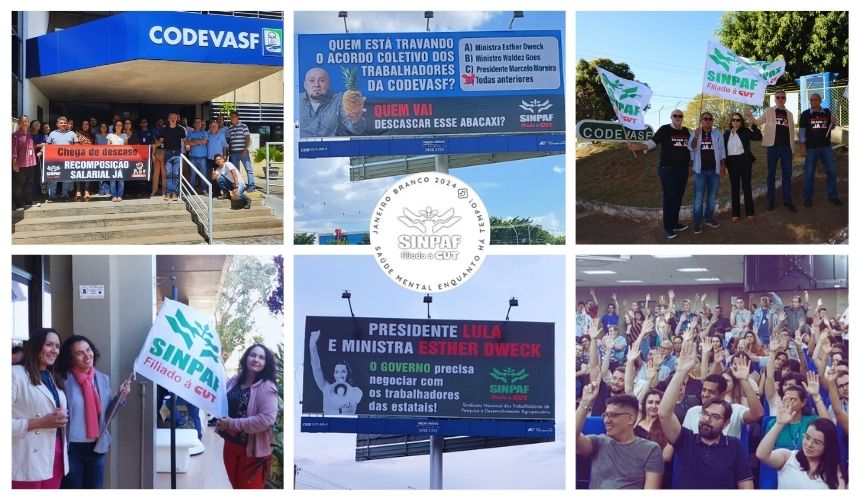 Imagem com seis fotos da Codevasf. Da esquerda para a direita. A foto de empregados/as em mobilização na frente da empresa. Tem o nome codevasf na faxada. No meio um outdoor da campanha. Na direita, uma foto com o nome da codevasf e quatro integrantes do Sinpaf com a bandeira do sindicato. Na linha debaixo temos três empregadas da Codevasf c om a bandeira do sinpaf. no meio mais um outddor. e a última imagem é de empregados em votação em assembleia.