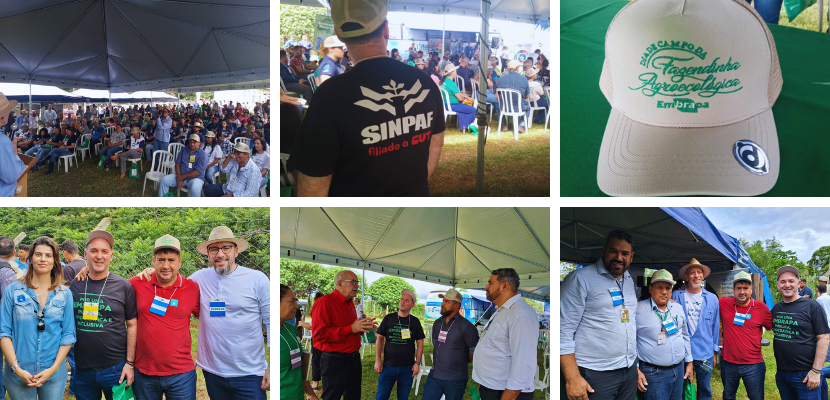 Imagem com seis fotos. Da esquerda para direita na linha superior temos a foto do evento, uma foto da camiseta preta do Sinpaf, uma foto do boné da Fazendinha. Na linha inferior temos mais três fotos todas com os representantes do sinpaf.