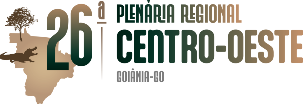 Logo da Plenária Regional Centro-Oeste. Temos a parte centro-oeste do mapa. Temos uma árvore seca e um jacaré em cima do mapa. 