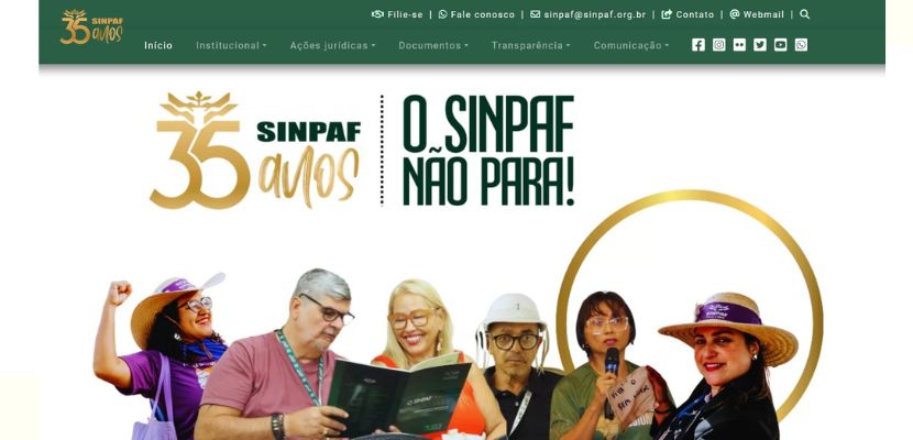 Capa do site dos 35 anos, com a logo comemorativa do Sinpaf mais o slogan. Abaixo temos representantes sindicais.