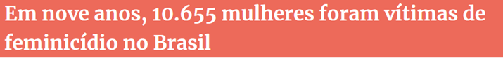 dados sobre violência - quadro escrito Em nove anos, 10.655 mulheres foram vítimas de feminicído no Brasil. 
