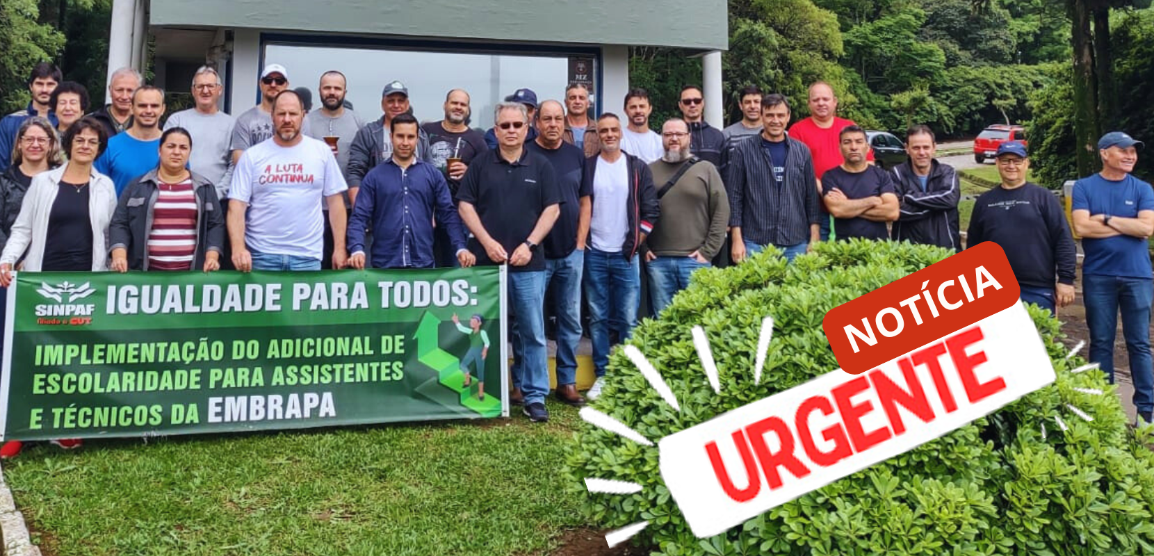 imagem de trabalhadores e trabalhadoras da Embrapa e está escrito do lado direito inferior Notícia Urgente.