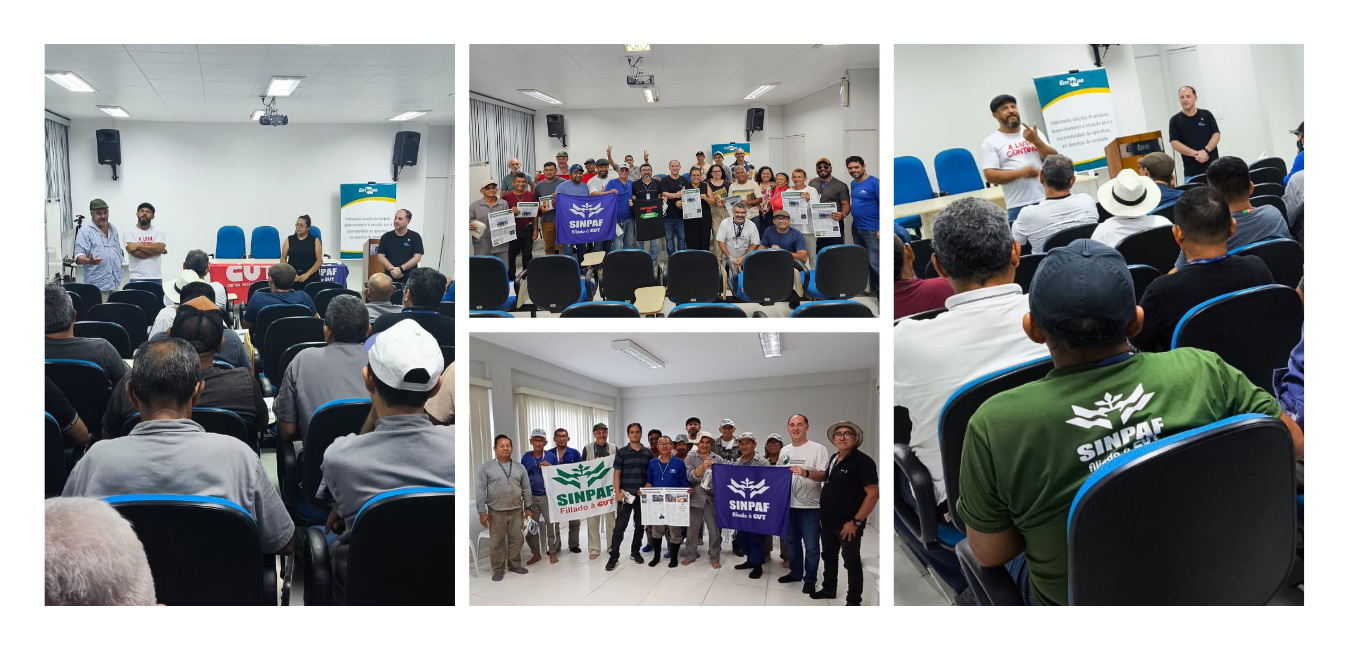 foto com seis imagens da assembleia com trabalhadores em auditório.
