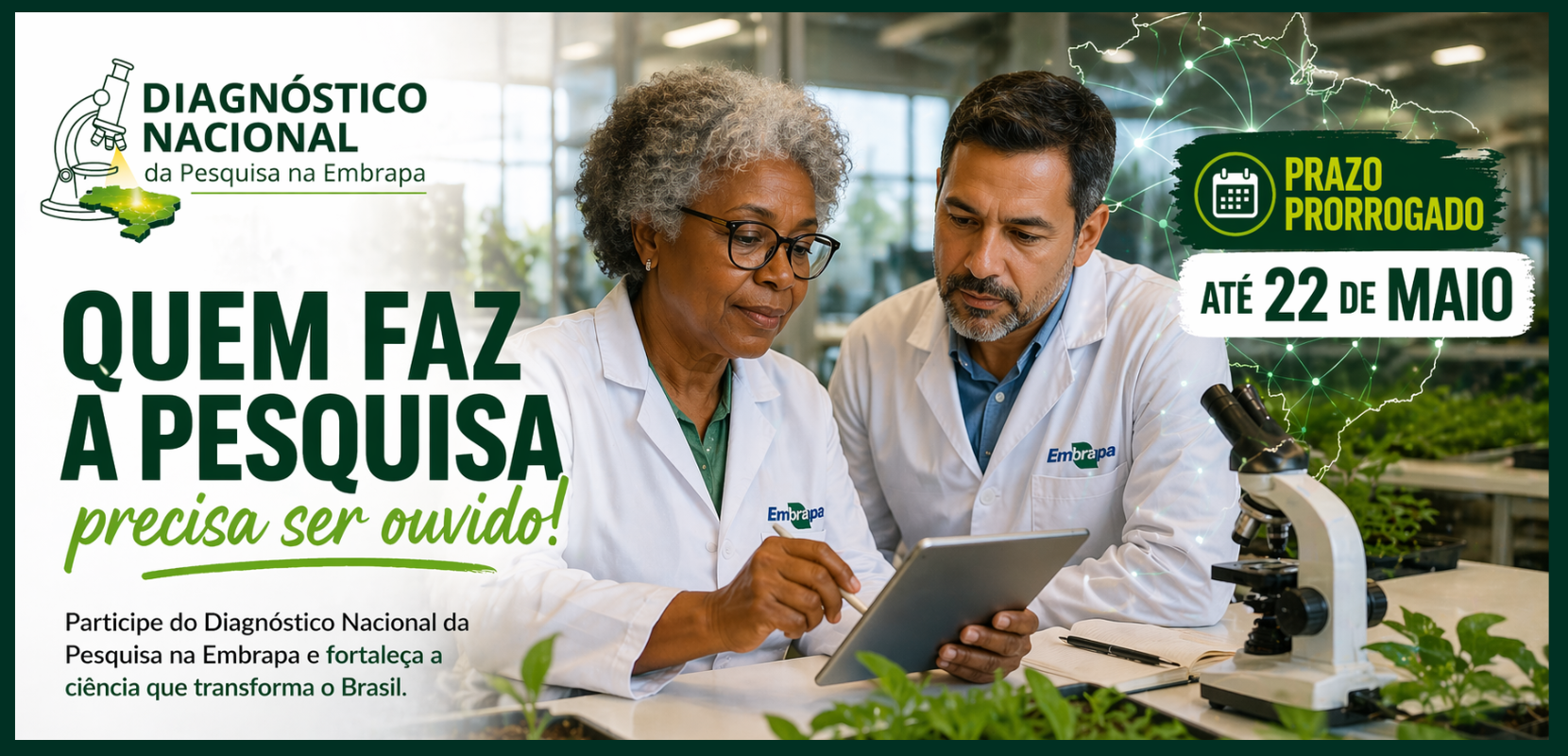 IMAGEM DE DOIS PESQUISADORES E AO FUNDO GRAMA. DO LADO ESQUERDO TEM TÍTULOS.