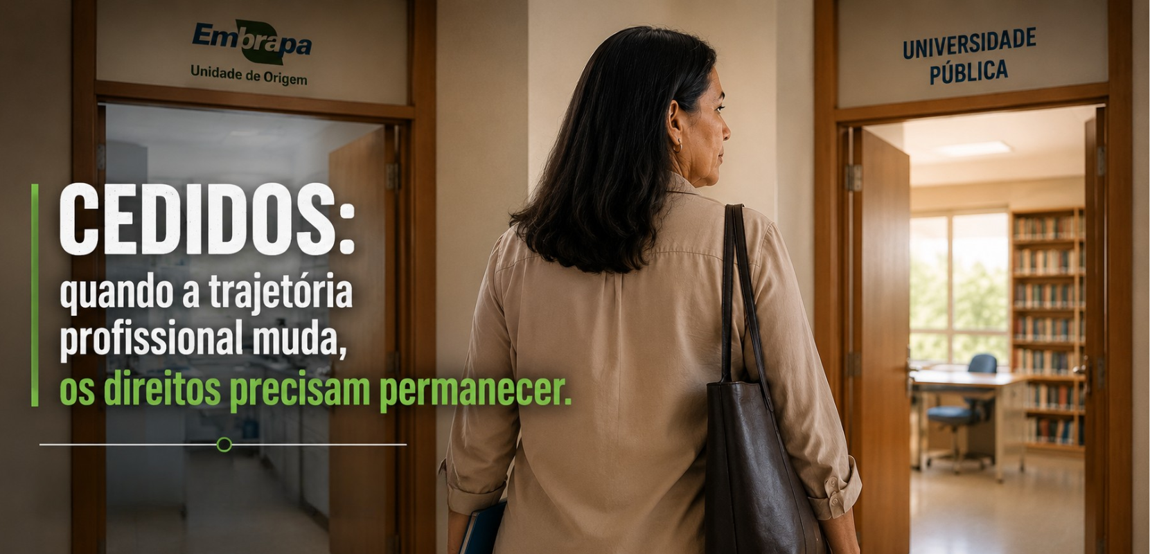 mulher de costas e tem duas portas na frente dela. Uma da Embrapa outra da Universidade.